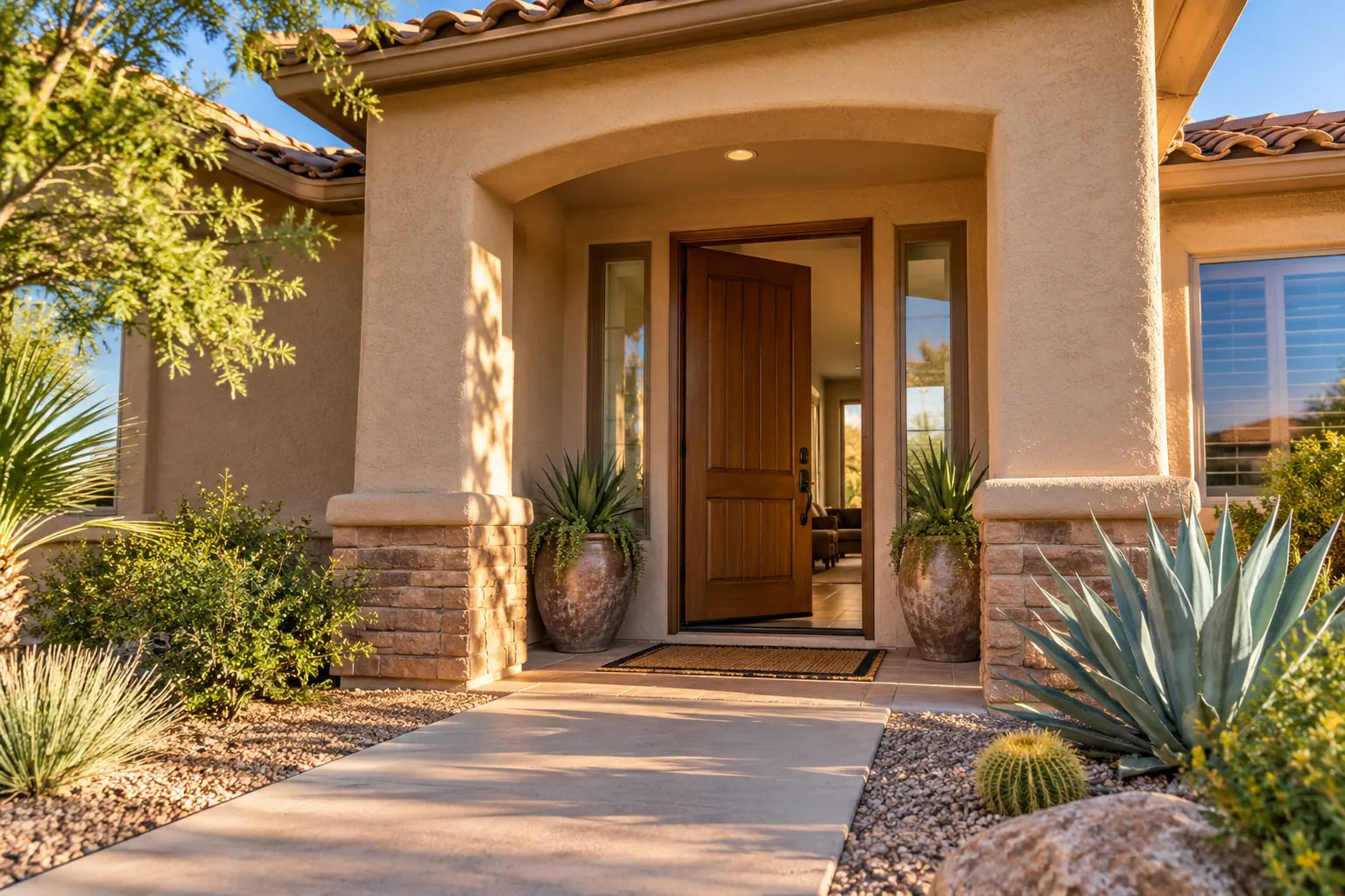 Front door of a stucco desert home with a welcome mat and potted plants in warm morning light