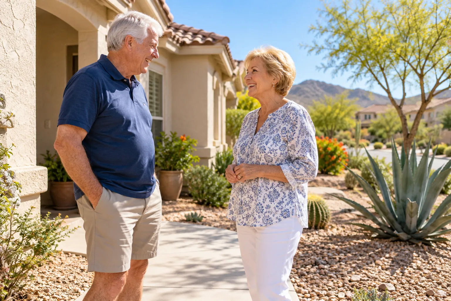 Homeowner and a neighbor talking on a sunny front walkway beside a stucco home