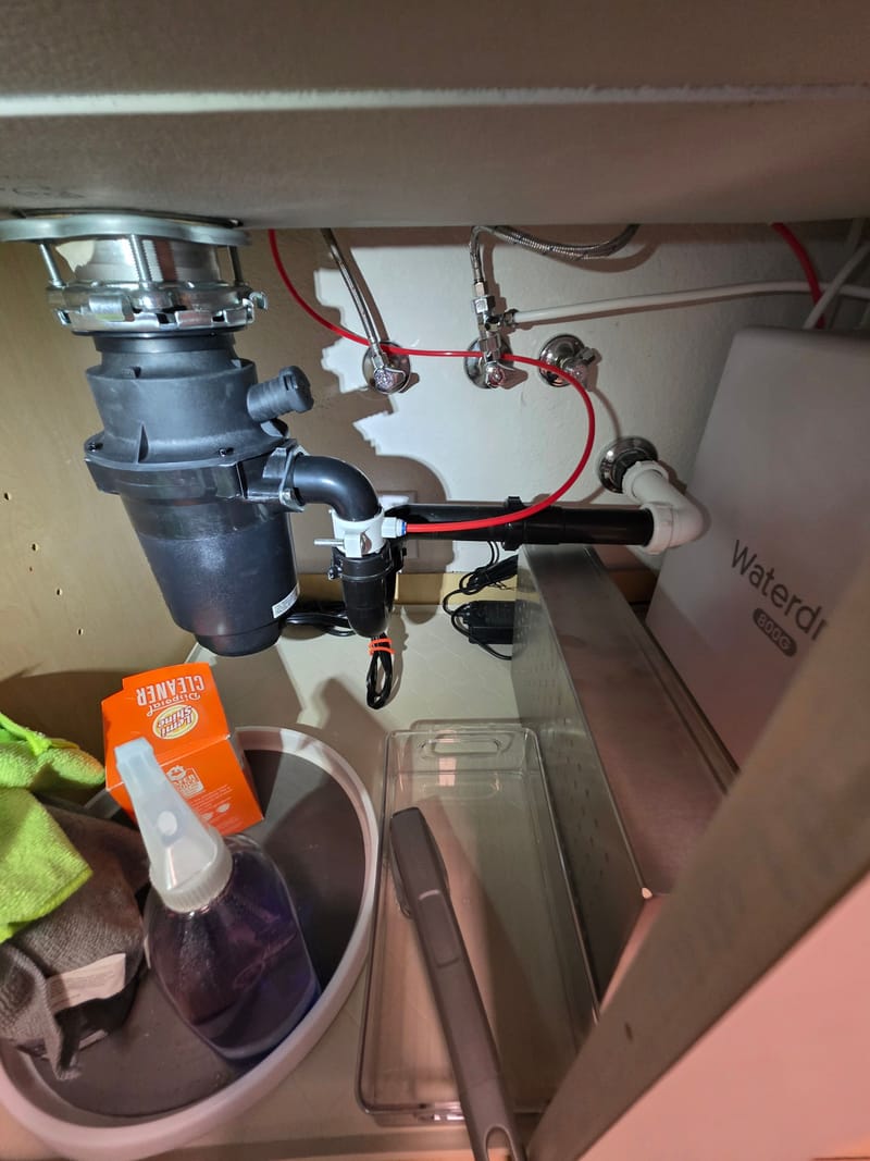 Under sink cabinet showing a garbage disposal, shutoff valves, a water filter and cleaning supplies